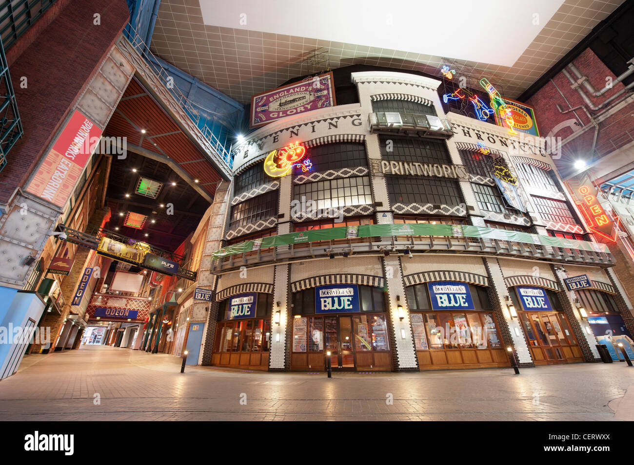 Le lieu de divertissement Printworks en Manchester contenant des restaurants, bars et un cinéma Odéon. Banque D'Images