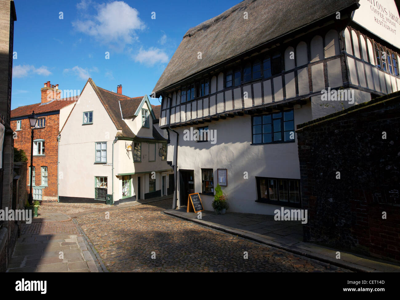 Les rues pavées et les vieux immeubles de Elm Hill, à Norwich. Banque D'Images