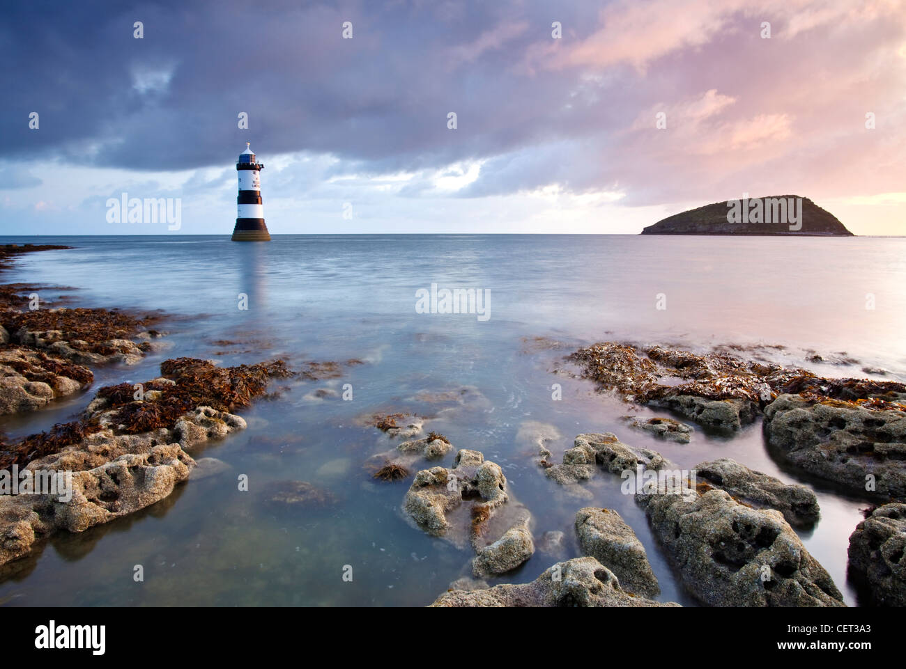 Une vue sur le phare et l'Île Penmon macareux à l'aube sur la côte d'Anglesey en Galles du Nord. Banque D'Images