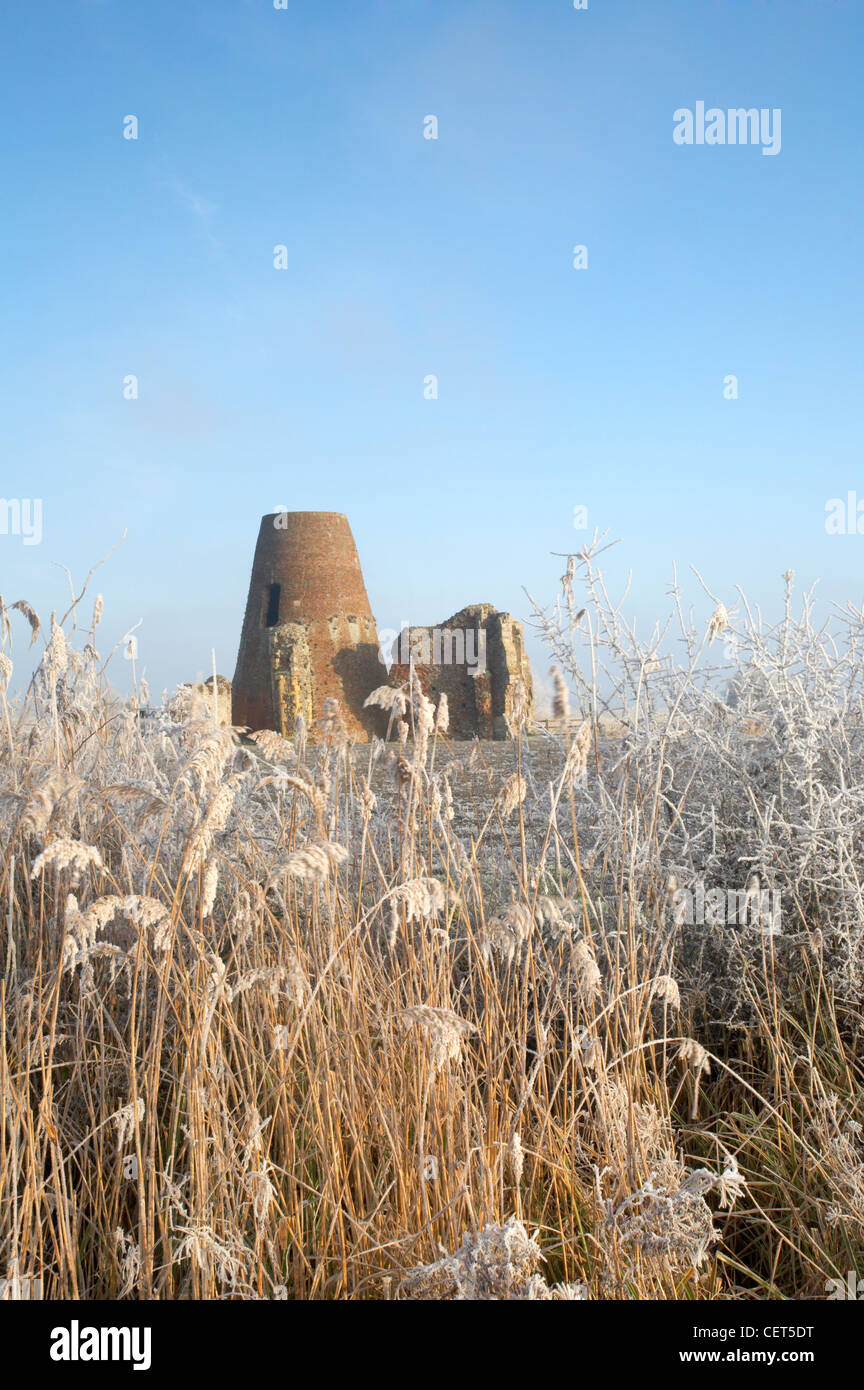 Le moulin à vent et de gatehouse Abbaye St Benets sur les Norfolk Broads, entouré de marais et de roseaux gelés à la suite d'une winte Banque D'Images