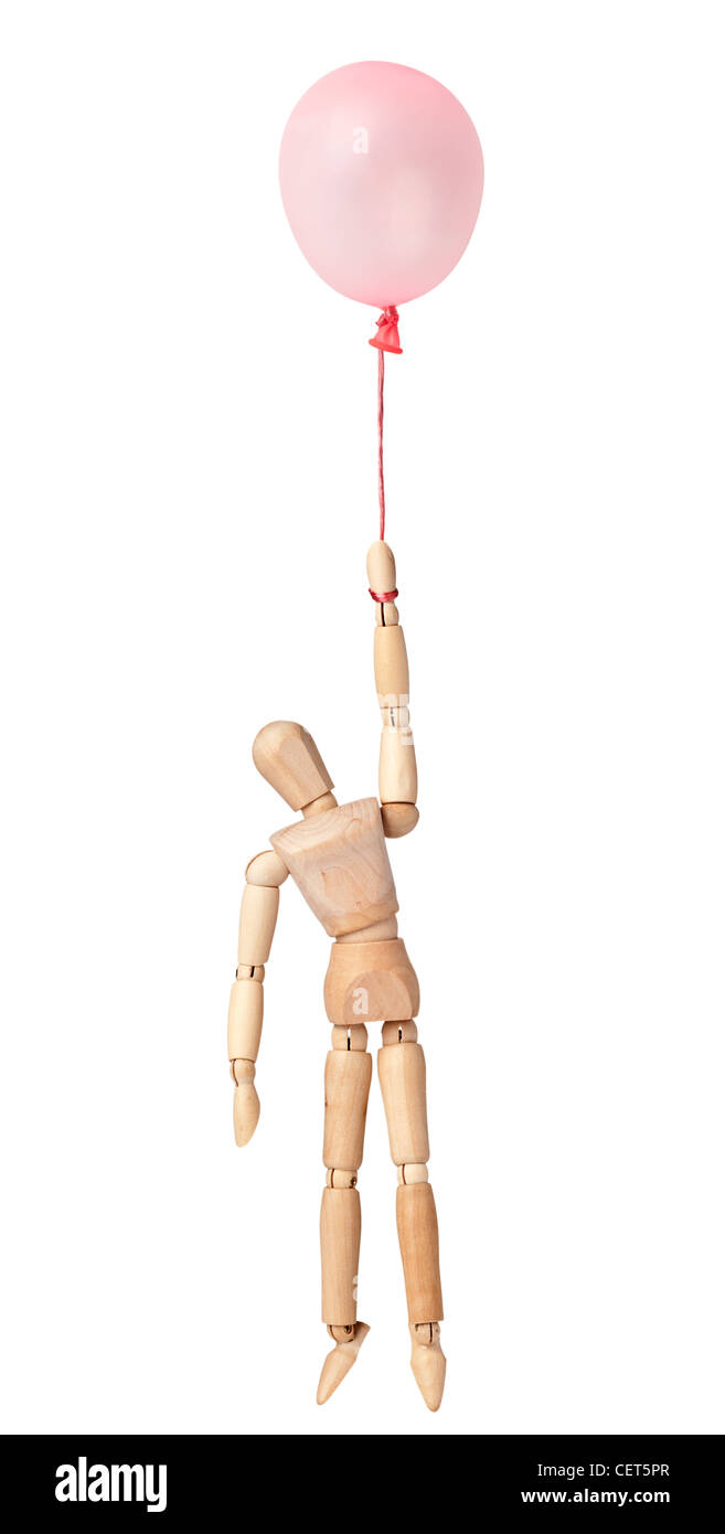 Figurine holding sur un ballon flottant isolé sur fond blanc Banque D'Images