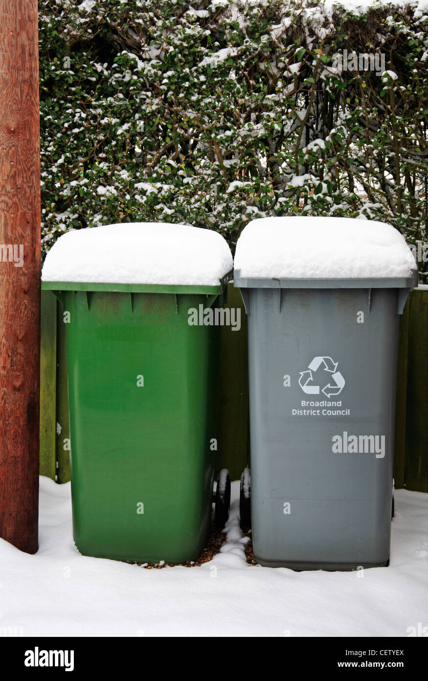 Les ordures ménagères et les bacs de recyclage après la neige dans un jardin urbain à Hellesdon, Norfolk, Angleterre, Royaume-Uni. Banque D'Images