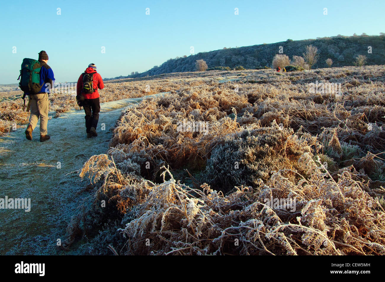 Les promeneurs sur un matin glacial sur Clougha Pike dans la forêt de Bowland, Lancashire, Angleterre Banque D'Images