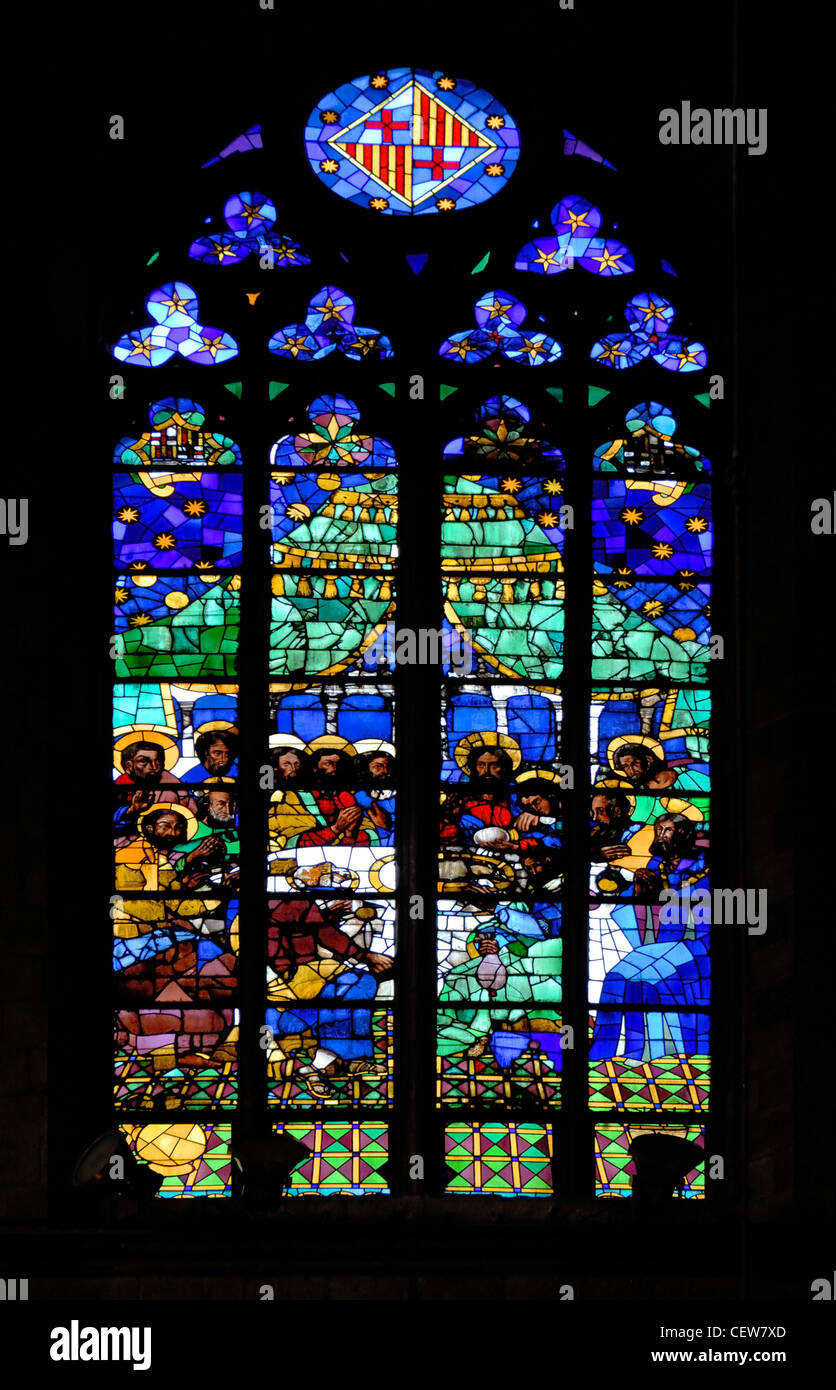 Barcelone, Espagne. Église de Santa Maria del Mar (14thC) vitrail - la Dernière Cène Banque D'Images