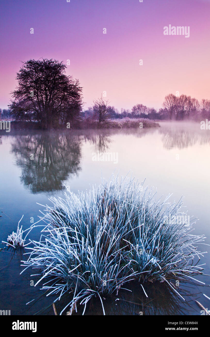 Un hiver glacial Cotswold lever de soleil sur la Tamise à Lechlade, Gloucestershire, England, UK Banque D'Images