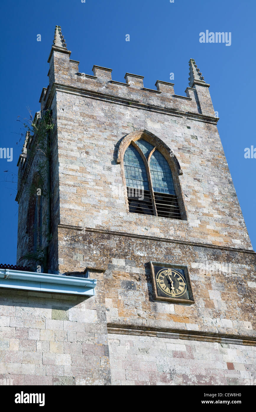 Tour de l'église St James' (détail), Milton Abbas, Dorset, Angleterre Banque D'Images