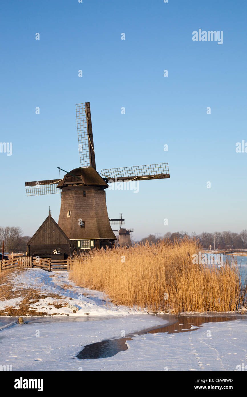 Moulin en hiver avec la neige, la glace et le ciel bleu Banque D'Images