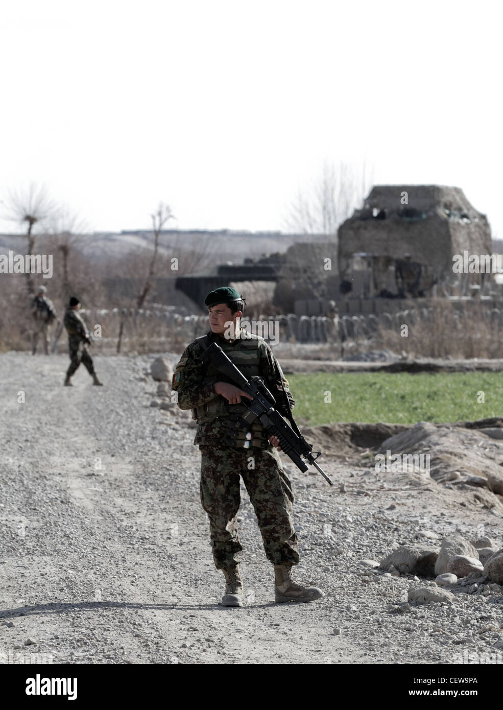 DISTRICT DE SANGIN, province de Helmand, Afghanistan - Sgt. De l'Armée nationale afghane Shah Mohammed, officier en charge du 3e Tolai, 2e Kandak, 2e Brigade, 215e corps, déplace ses soldats devant la base de patrouille Almas, lors d'une patrouille de sécurité ici, le 9 février. Des soldats afghans ont pris la relève d'une base de patrouille locale, Hanjar Yak, le 8 février. Ils assurent la sécurité de la région locale en effectuant des patrouilles indépendantes et en entretenant des relations positives avec les villageois locaux Banque D'Images