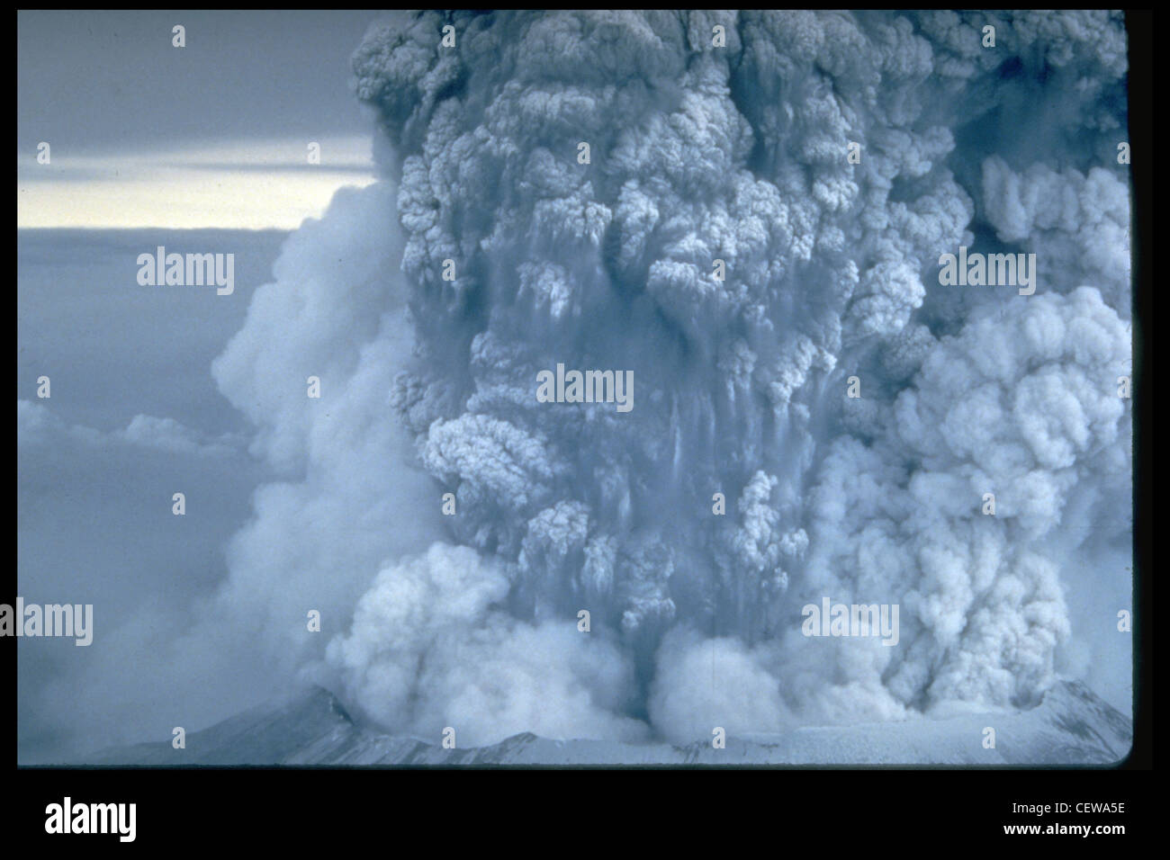 Pendant plus de neuf heures, un panache vigoureux de cendres a éclaté, atteignant éventuellement 12 à 15 miles (20-25 kilomètres) au-dessus du niveau de la mer. Le panache se déplaçait vers l'est à une vitesse moyenne de 60 milles par heure (95 kilomètres/heure), les cendres atteignant l'Idaho à midi. Au début de mai 19, l'éruption dévastatrice était terminée. Vous trouverez ici une vue rapprochée du panache de cendres de mai 18. Banque D'Images