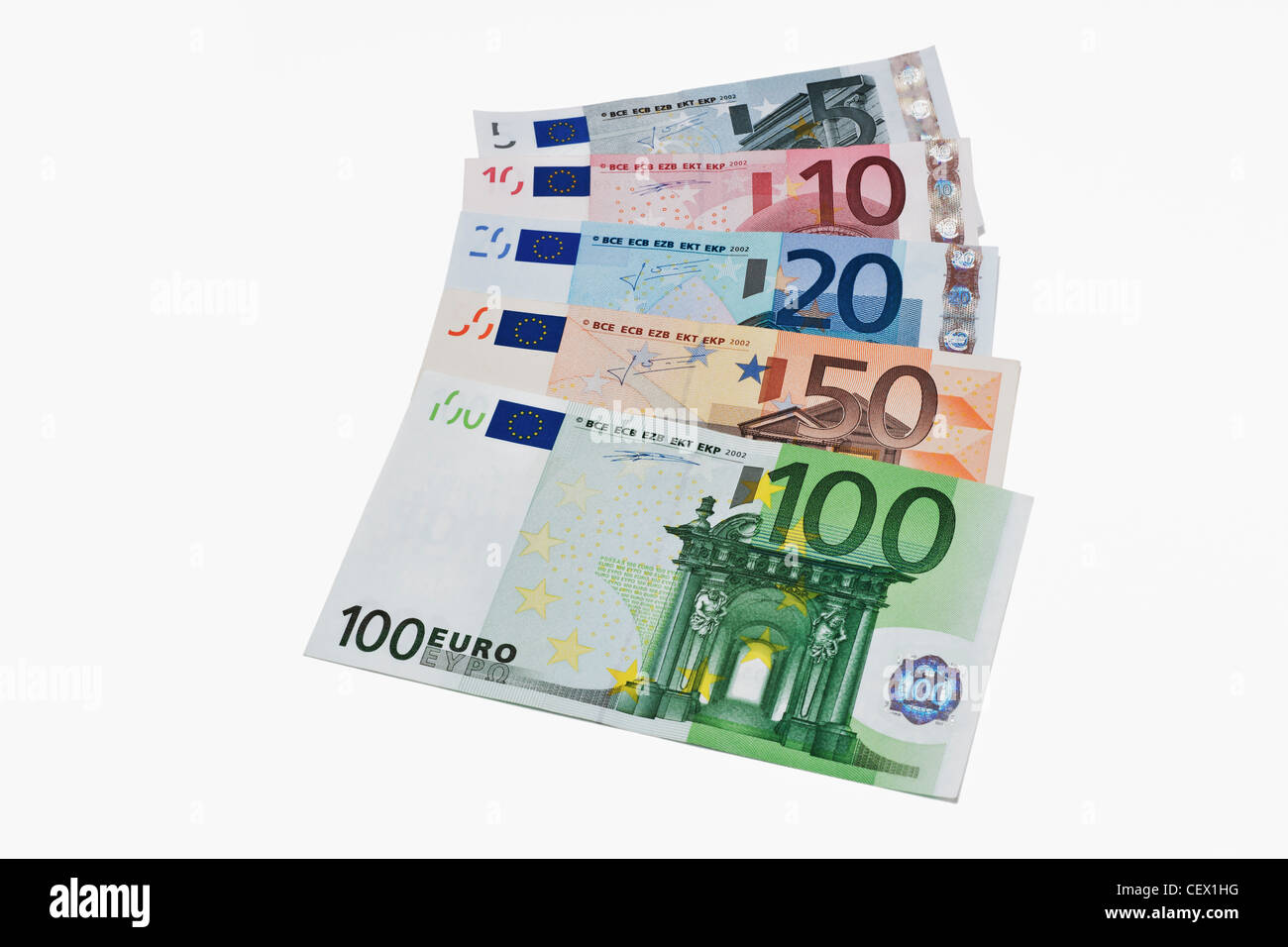 Un ensemble de projets de loi Euro couché côte à côte. Le 01 janvier 2002, l'euro a été introduit comme argent comptant. Banque D'Images