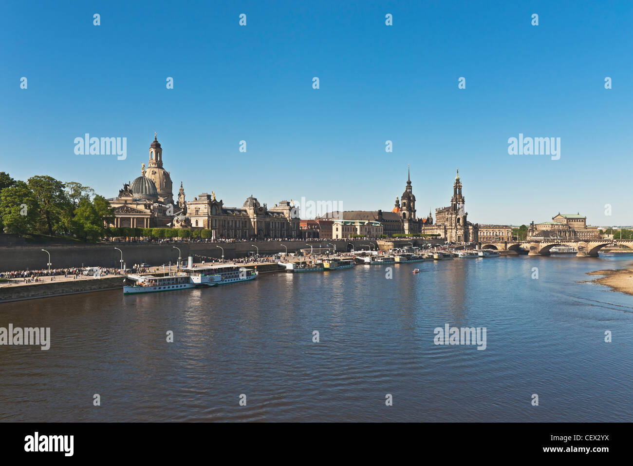 Défilé de la flotte de bateaux à aubes historique, chaque année le 1 mai, sur l'Elbe en face de la vieille ville de Dresde, Allemagne Banque D'Images