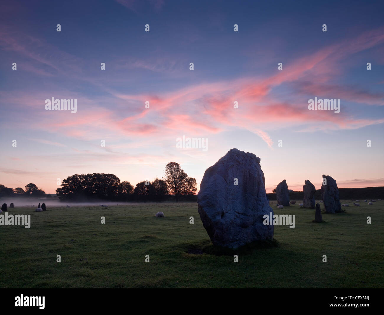 Une partie de l'Avebury Stone Circle, l'un des plus grands cercles de pierre préhistoriques, à l'aube. Banque D'Images