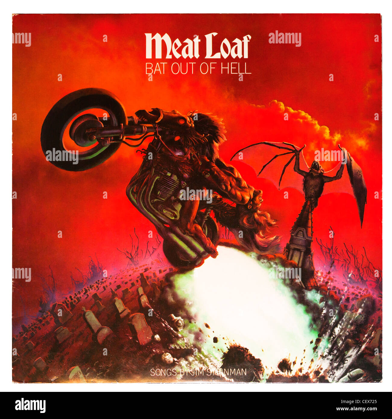 Un album vinyl record , Meat Loaf , Bat out of Hell sur fond blanc Banque D'Images