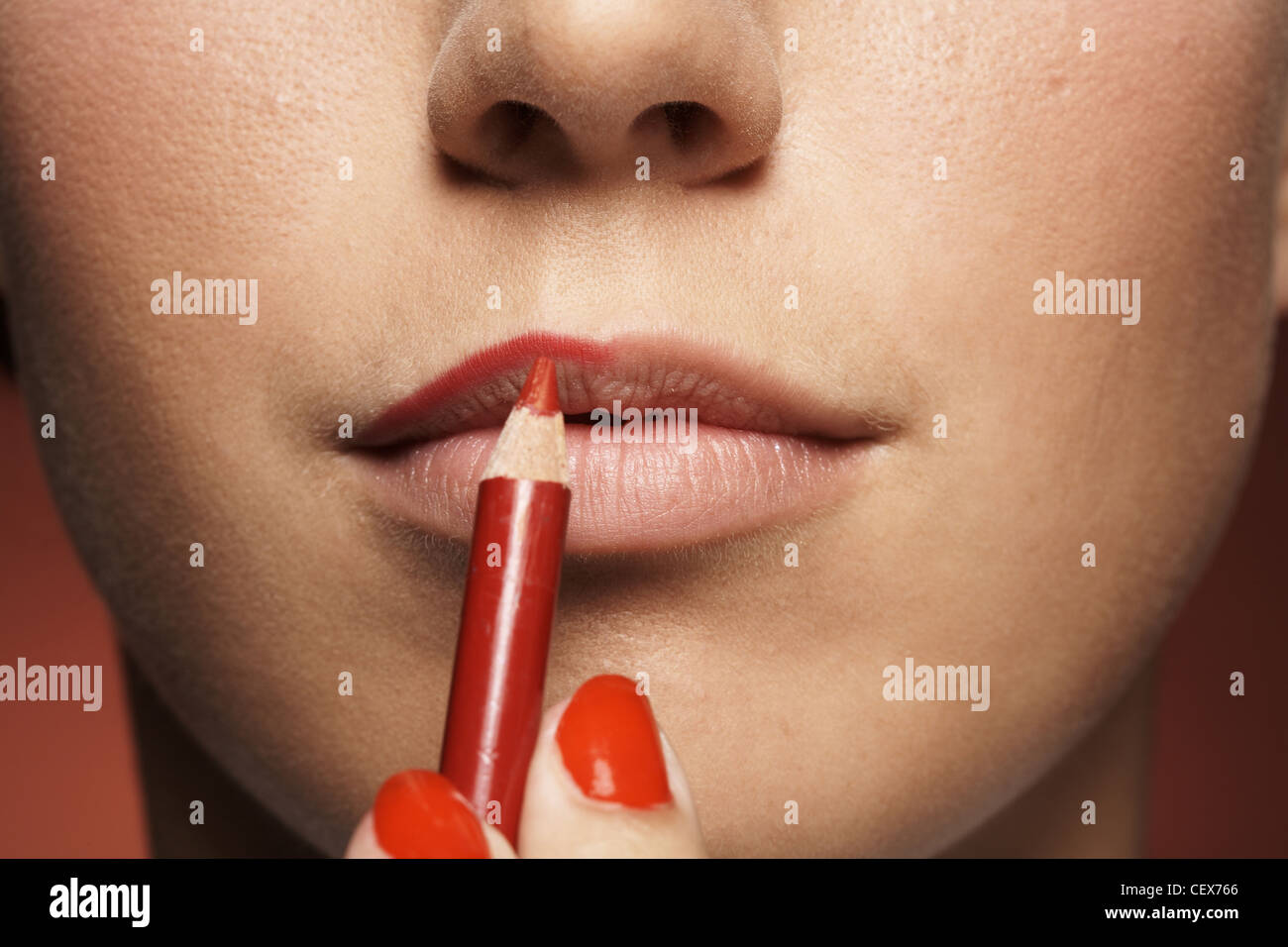 WD1487-73 application femelle avec un crayon à lèvres lipliner Banque D'Images