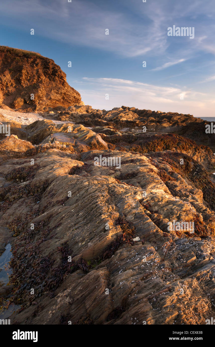 Des formations rocheuses escarpées éclairées par la lumière du soleil du soir d'or à Bantham Beach, Devon, août 2011. Banque D'Images