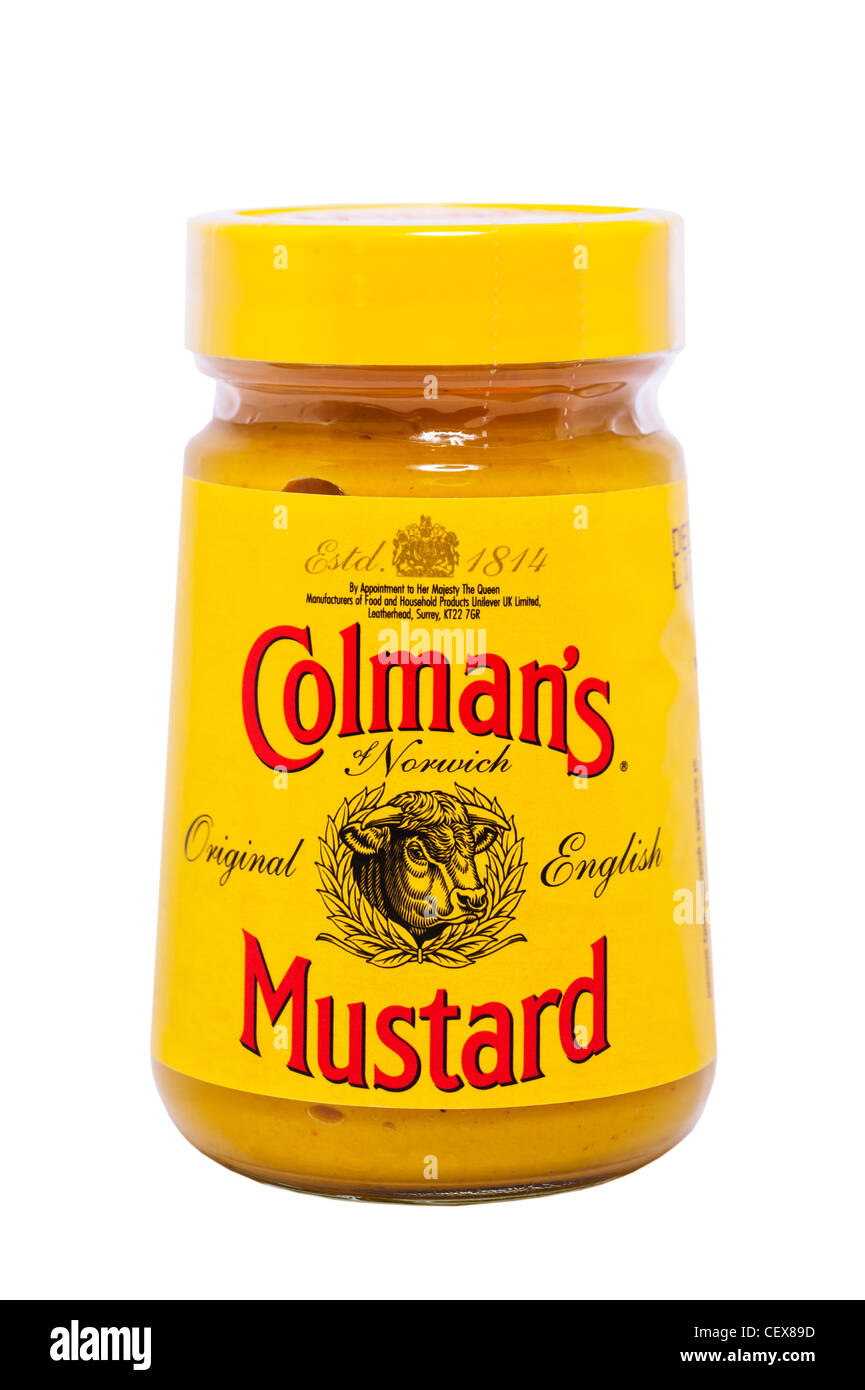Un pot de moutarde Colman's Version originale en anglais sur un fond blanc Banque D'Images
