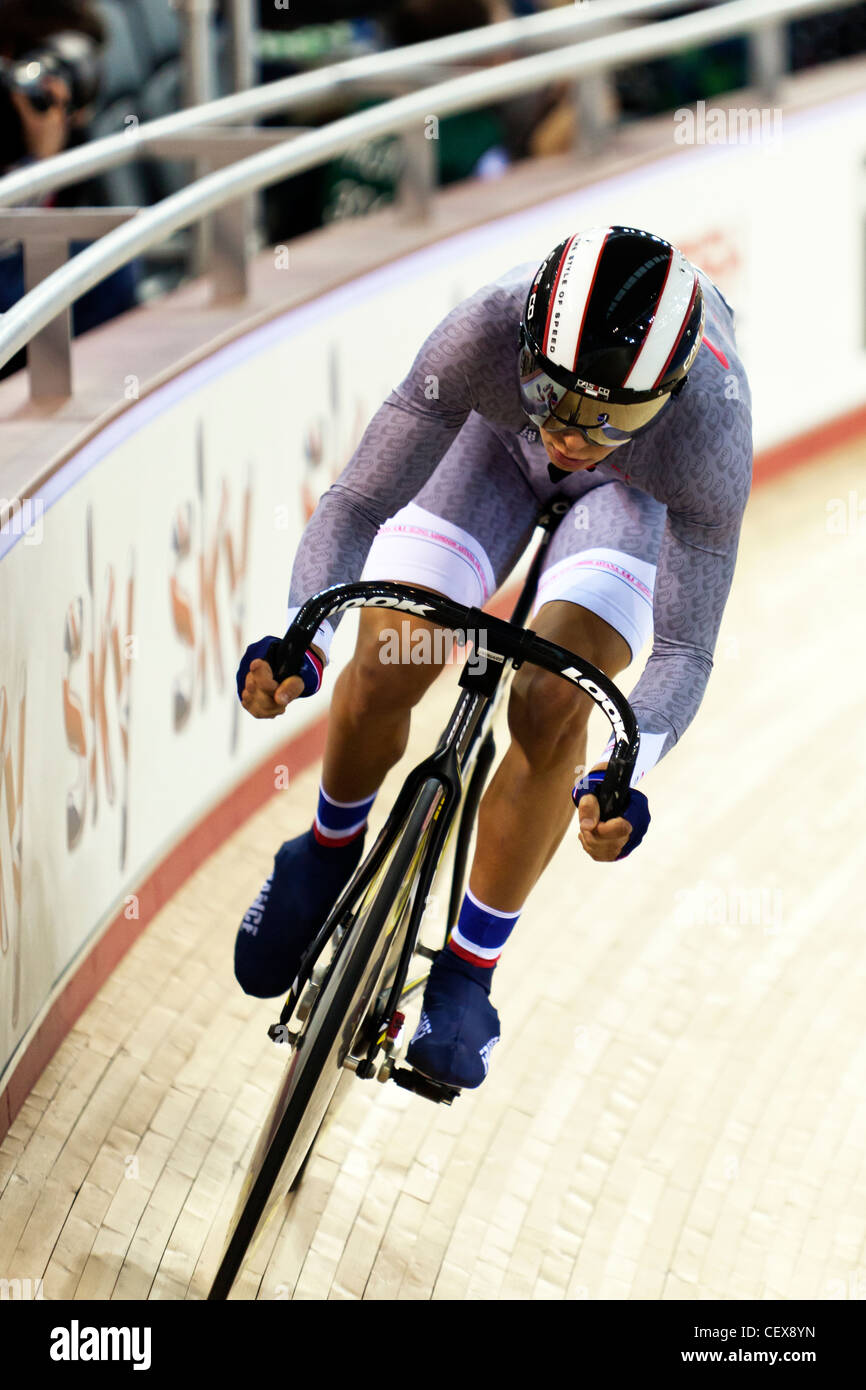 Bryan COQUARD (FRA) Men's Omnium tour à la race, la Coupe du Monde de Cyclisme sur piste 2012 de la série 2012 de Londres se prépare Banque D'Images