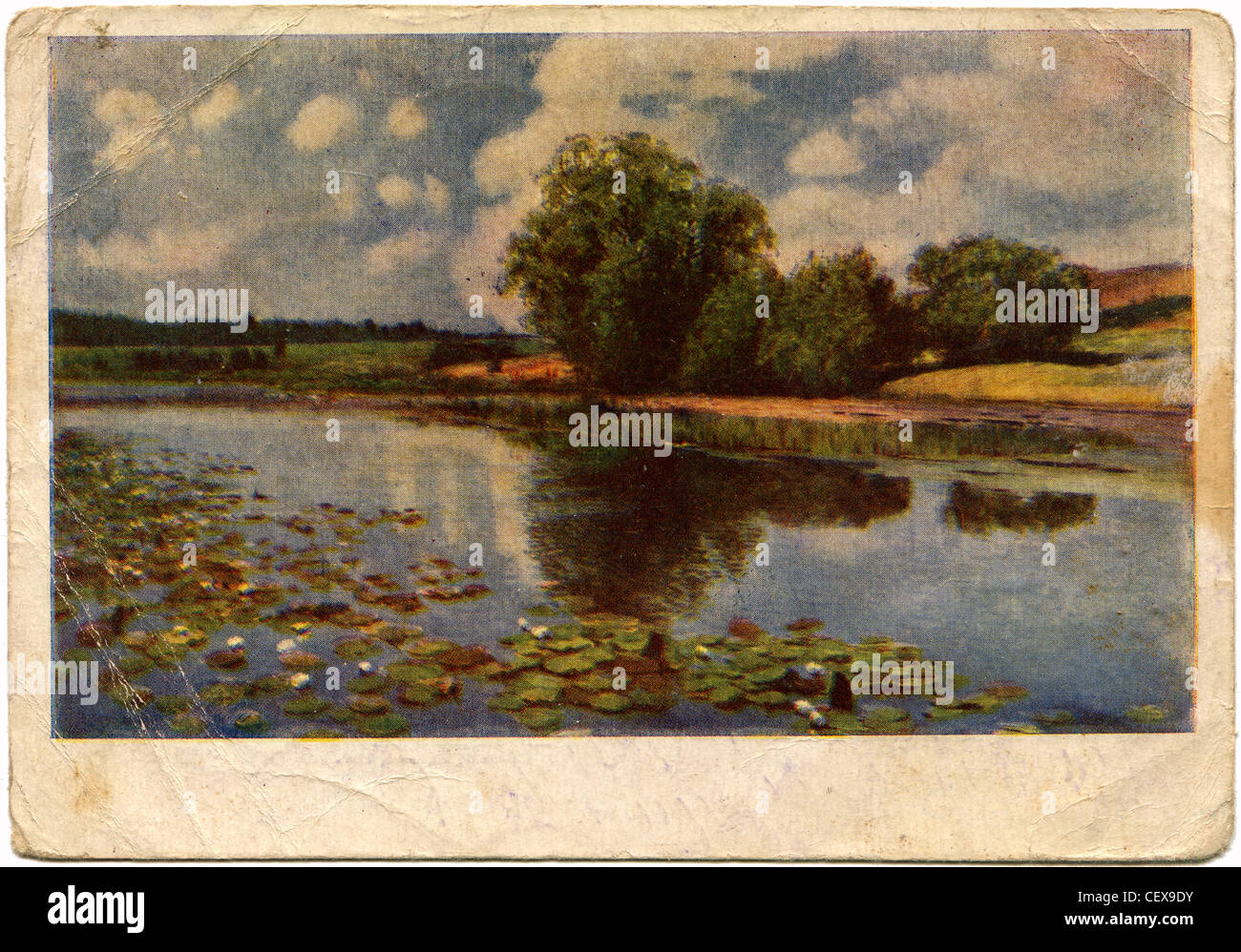 Urss - circa 1956 : cartes postales anciennes peinture montre par Ostroukhova - Kupava sur l'étang, 1892, Molotov Art Gallery, URSS, 1956 Banque D'Images