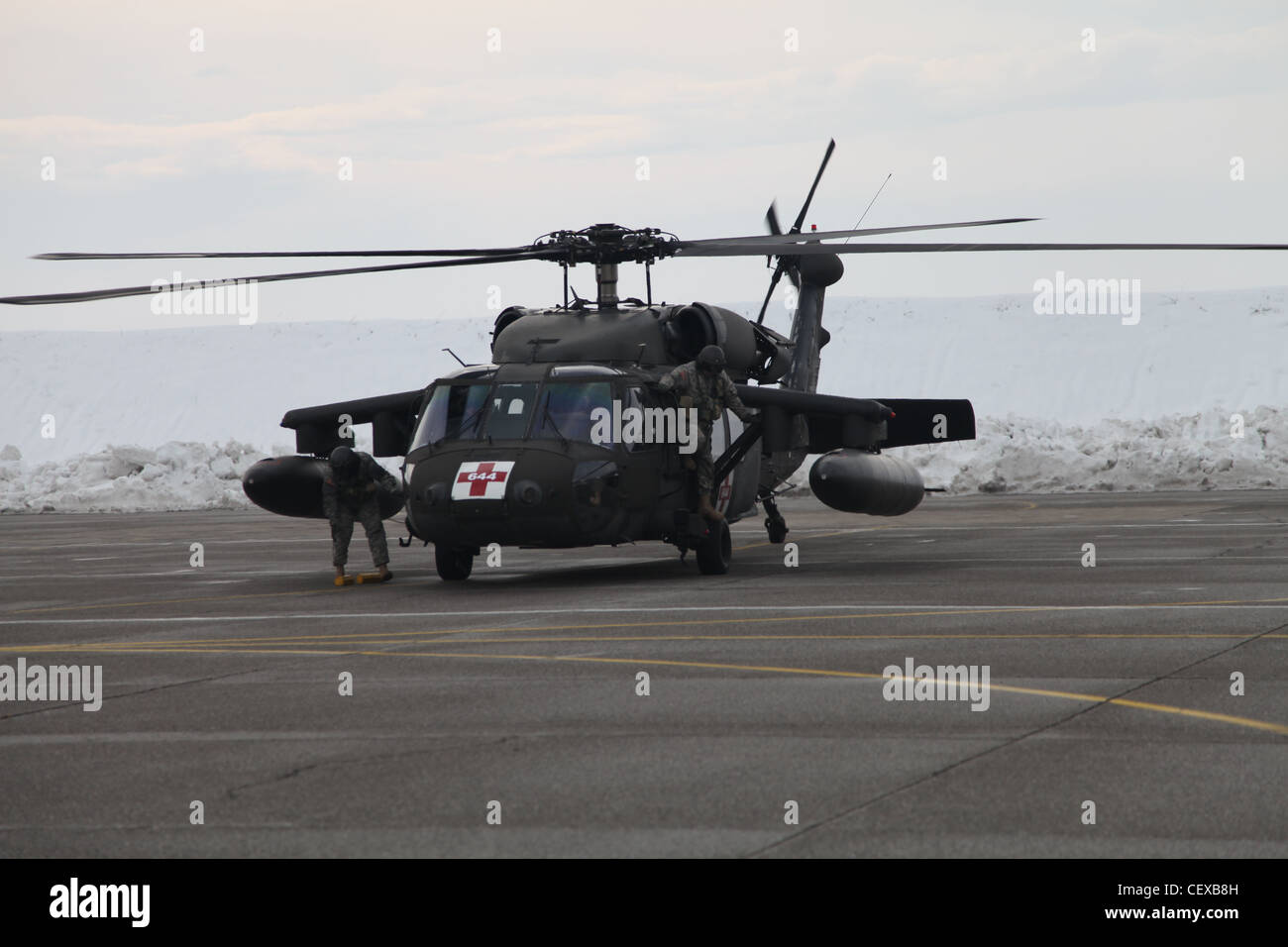 PODGORICA, Monténégro -- deux hélicoptères Black Hawk, un UH-60A pour l'approvisionnement des personnes coupées par la chute de neige, et un UH-60A+ pour les évacuations médicales arrivent au Monténégro le 22 février 2012. Les hélicoptères sont ici dans le cadre d'un groupe de travail américain qui fournit une assistance humanitaire à la demande du gouvernement du Monténégro, en coordination avec le Centre national des opérations d'urgence et le ministère monténégrin de la Défense pour apporter des secours et sauver des vies, des maisons et des infrastructures en réponse à de fortes chutes de neige. Banque D'Images