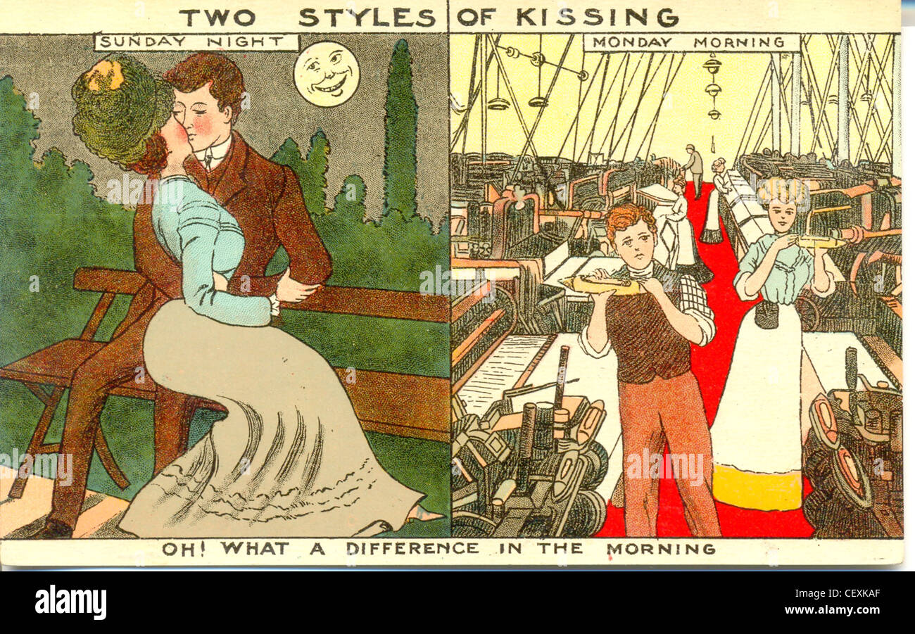 Carte postale de la bande dessinée de l'intérieur d'une usine de coton du Lancashire à double sens Banque D'Images