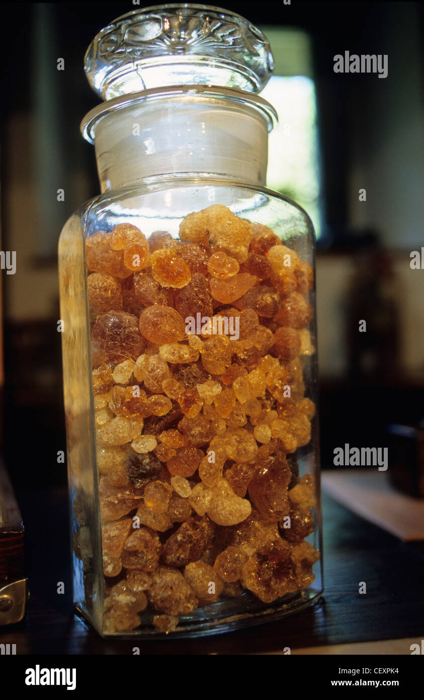 Italie Calabria , Rossano , Amarelli fabrique des confiseries à base de réglisse depuis 1871, verre à gomme arabe résine d'arbre de l'acacia Sénégal qui se trouve dans la région du Sahel, la gomme arabe est utilisée dans les bonbons, Coca Cola, et de nombreux autres produits, eu E numéro E414 Banque D'Images