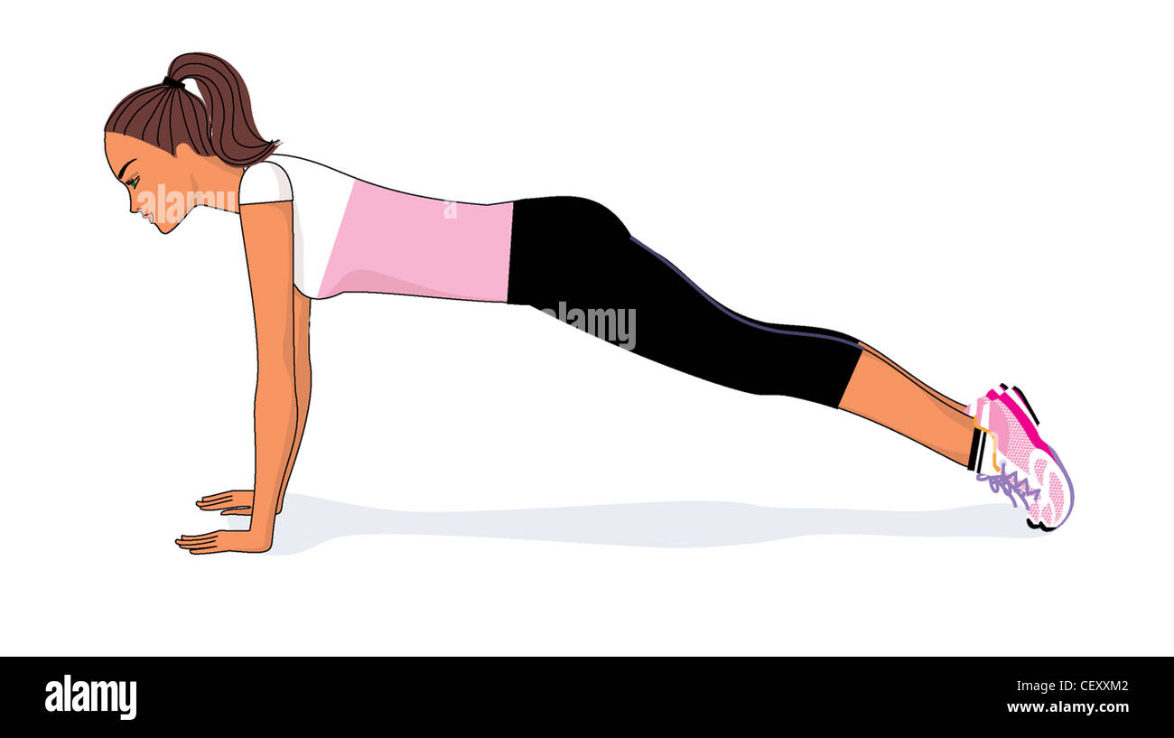 Une illustration d'une femme brunette en attacher les cheveux queue de cheval, portant un t-shirt blanc et rose, noir et leggings recadrée Banque D'Images