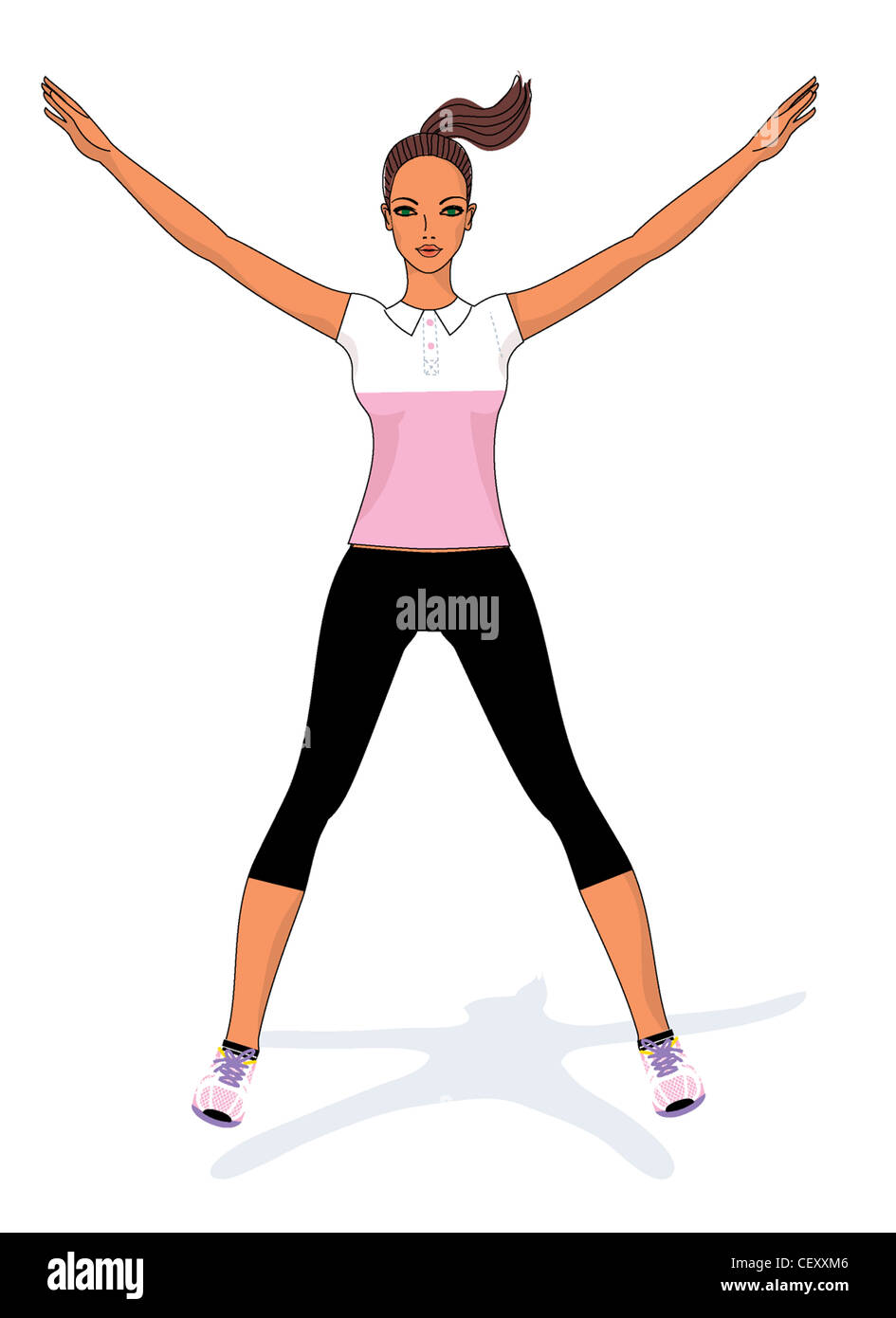 Une illustration d'une femme brunette en attacher les cheveux queue de cheval, portant un t-shirt blanc et rose, noir et leggings recadrée Banque D'Images