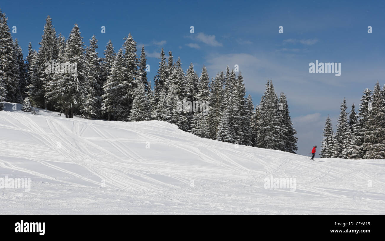 Paysage de montagne d'hiver et skieur en vêtements rouges Banque D'Images