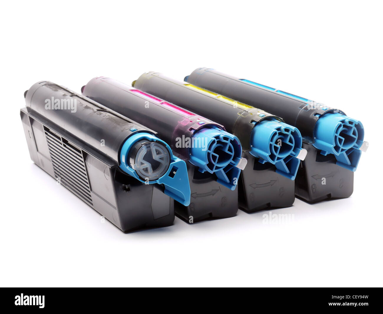 Quatre cartouches de toner imprimante laser de Cyan, Magenta, Jaune et Noir tourné sur fond blanc Banque D'Images