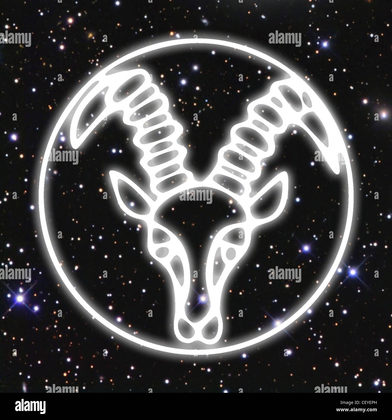 Une illustration de la tête blanche d'une chèvre dans un cercle, défini dans un contexte de l'espace rempli d'étoiles Banque D'Images