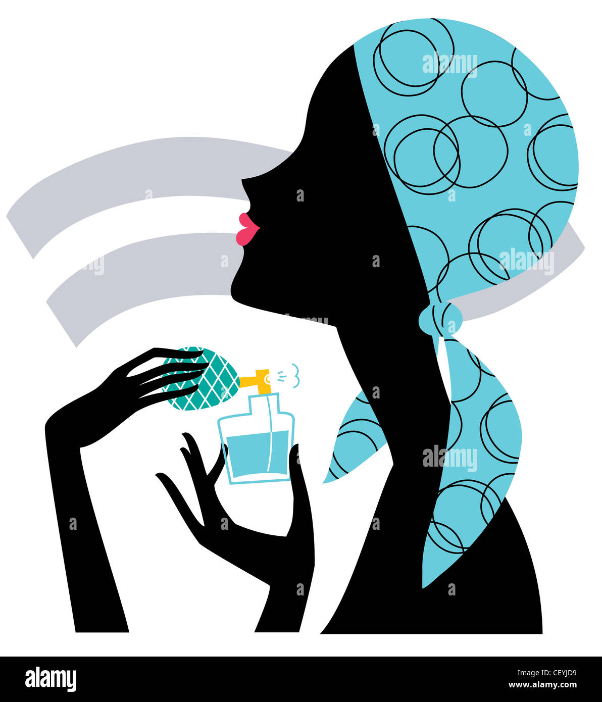 Une illustration d'une femme, portant un foulard bleu, de pulvériser le parfum sur son cou Banque D'Images