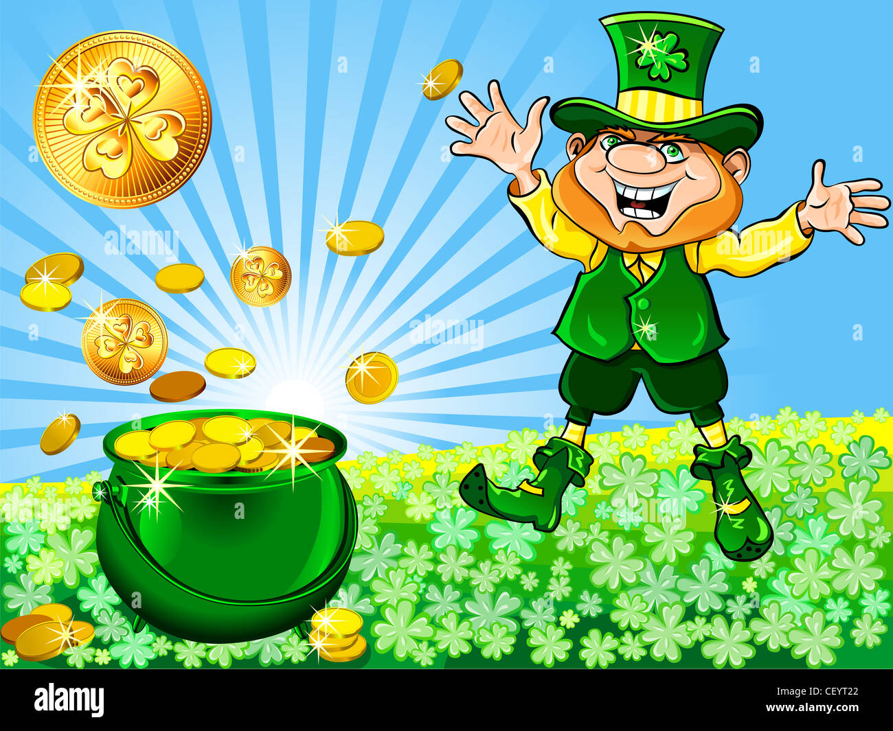 Vector le jour de rue Patrick happy leprechaun danse avec un pot de pièces d'or sur une prairie de clover au lever du soleil Banque D'Images