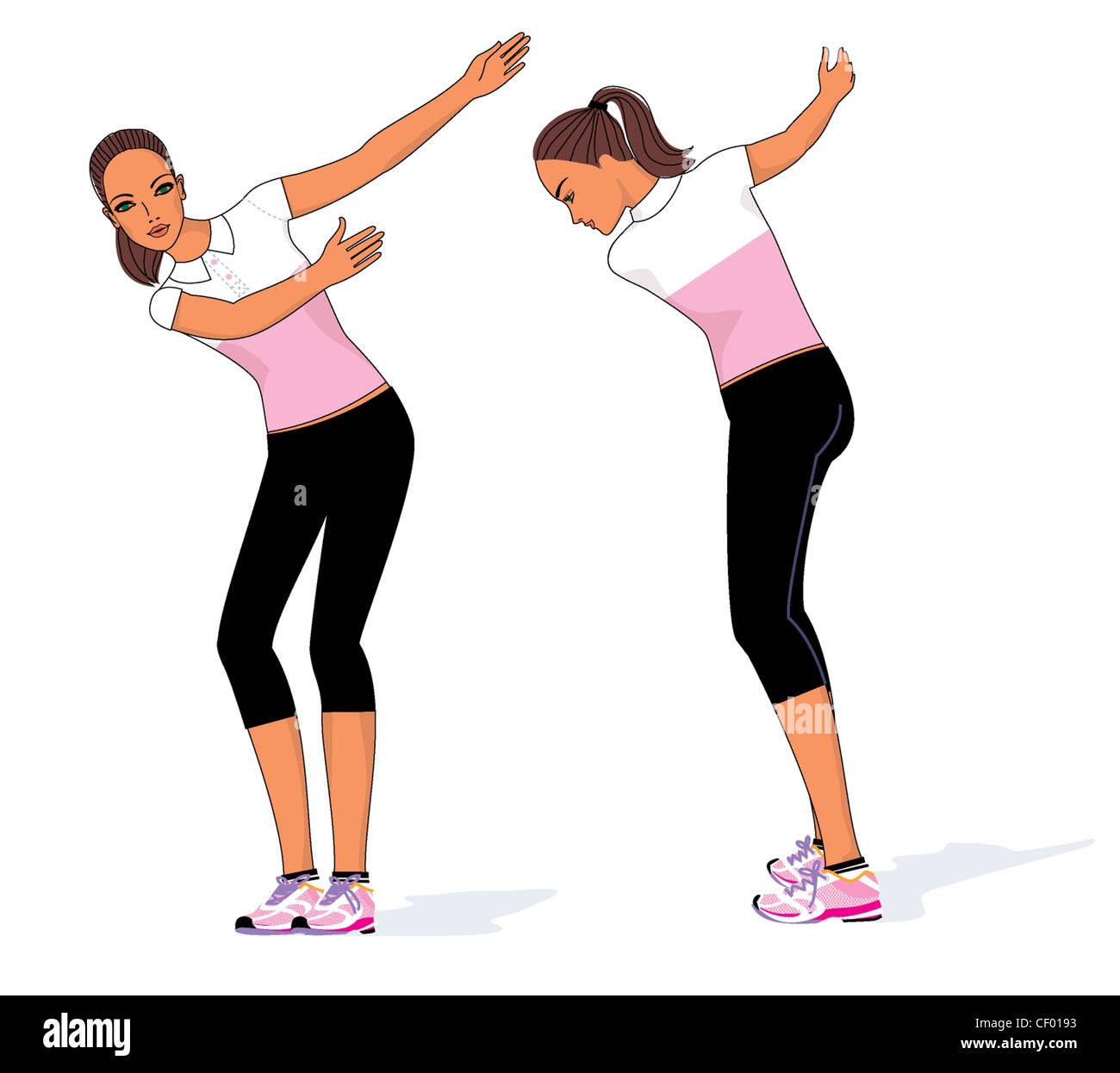 Une illustration d'une femme brunette en attacher les cheveux queue de cheval, portant un t-shirt blanc et rose, noir et leggings recadrée Banque D'Images