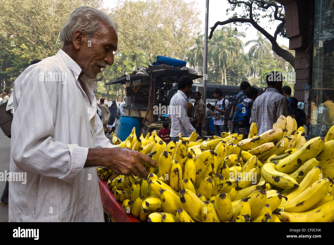 Un vendeur de bananes dans les rues de Mumbai, Maharashtra, Inde Banque D'Images