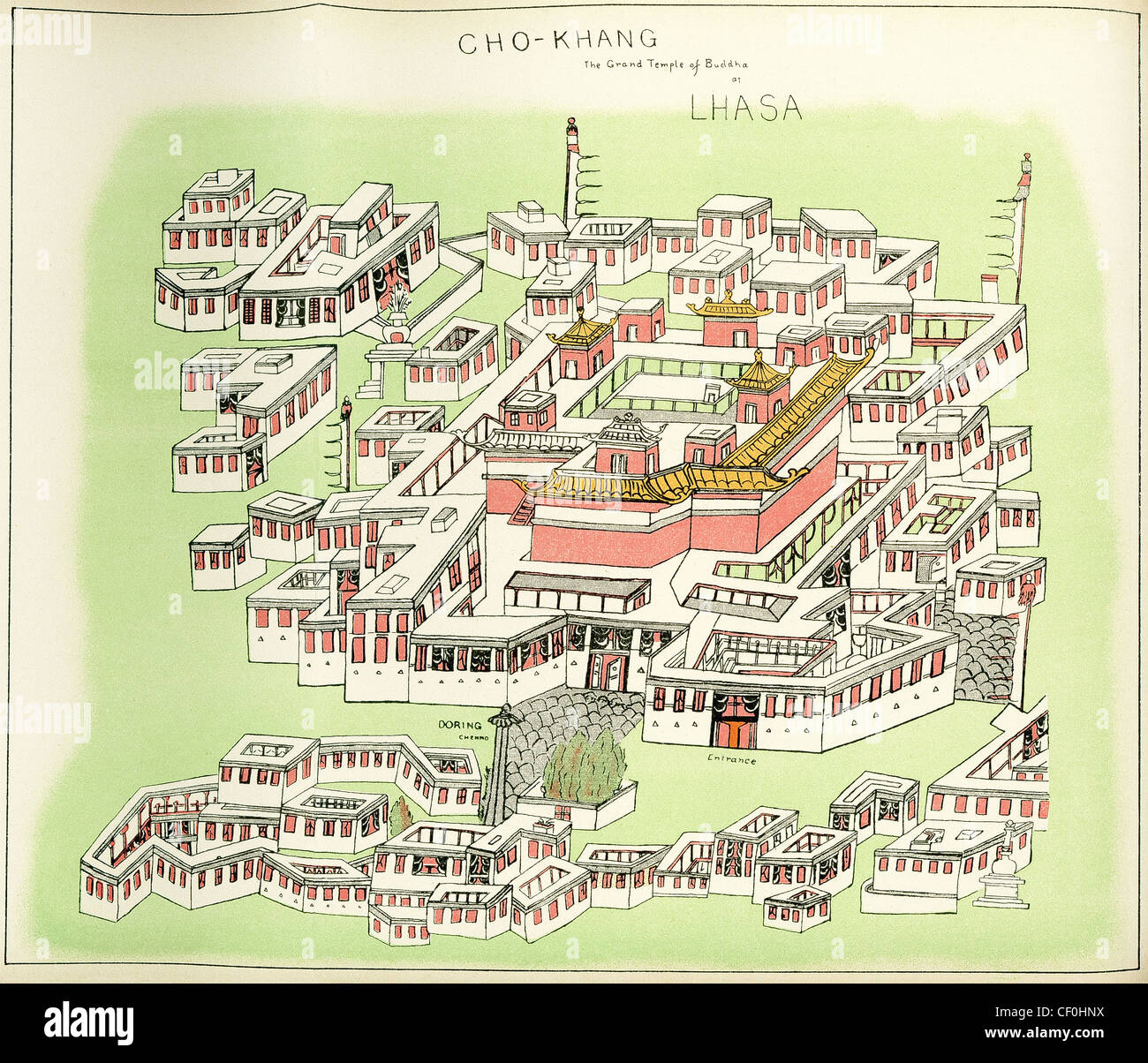 Ce plan illustré présente le Grand Temple du Bouddha à Lhassa, connu comme Cho-Khang Jokhang - anciennement Cho. Banque D'Images