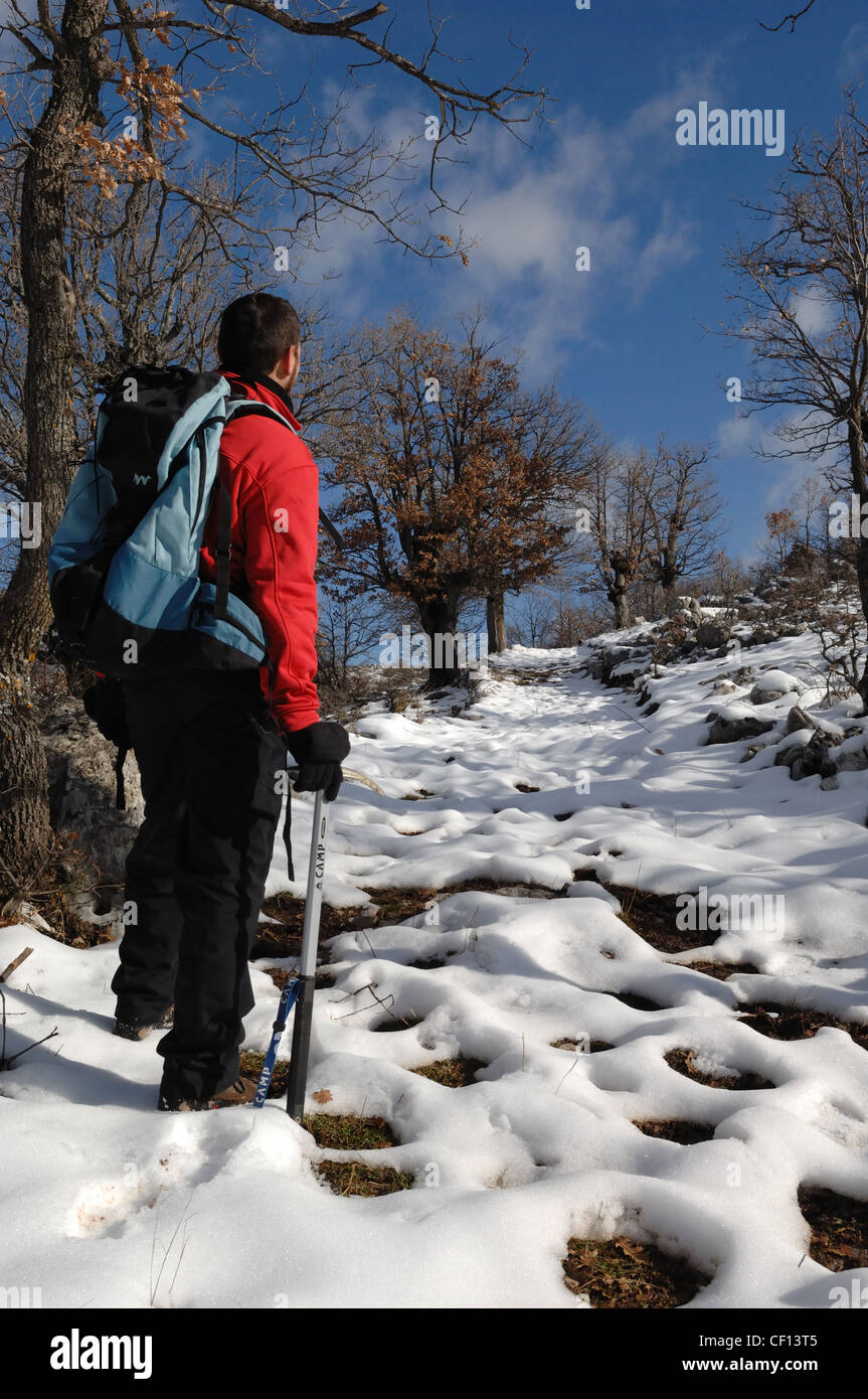 Guide de montagne sur le mont Raparo chemin enneigé à l'intérieur du parc national, Basilicate, Italie Banque D'Images