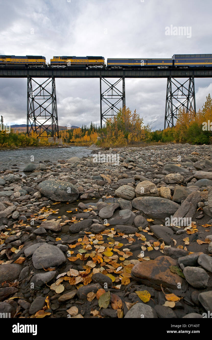La Denali Star train traversant un pont sur Riley Creek. Denali National Park. De l'Alaska. USA Banque D'Images