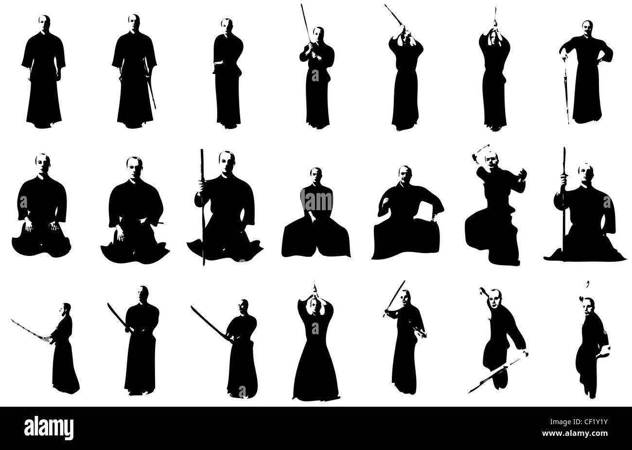 Silhouettes d'un chasseur avec kendo shinai et bokken Banque D'Images