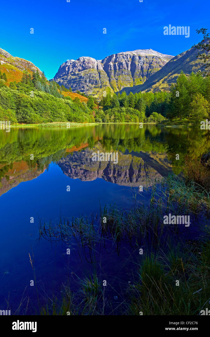 Aonach Dubh, l'une des trois Sœurs de Glen Coe reflète dans l'eau de Torren Lochan. Banque D'Images