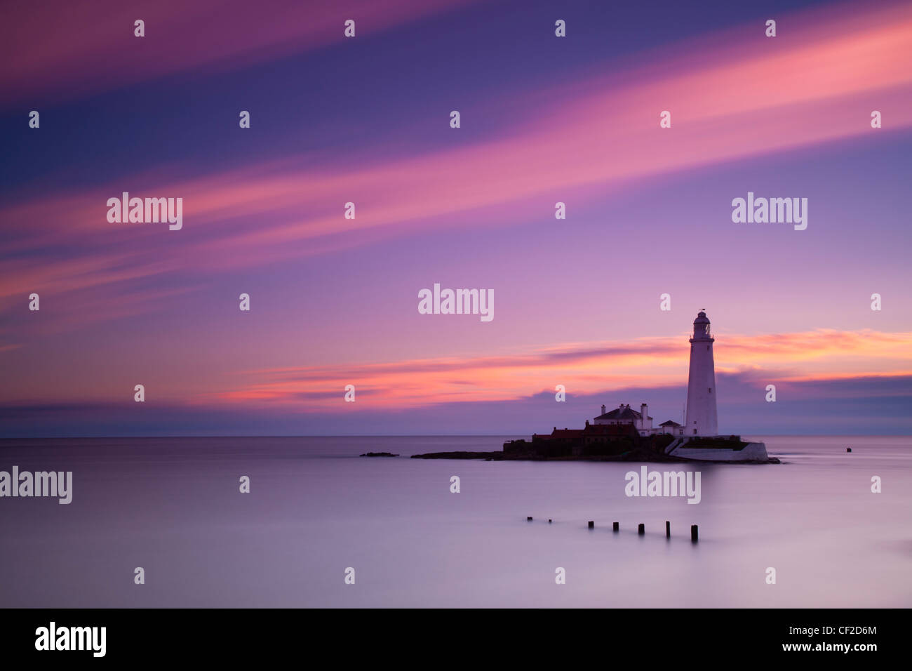 Avant l'aube, le ciel rose au-dessus de St Mary's Island et phare près de Whitley Bay. Banque D'Images