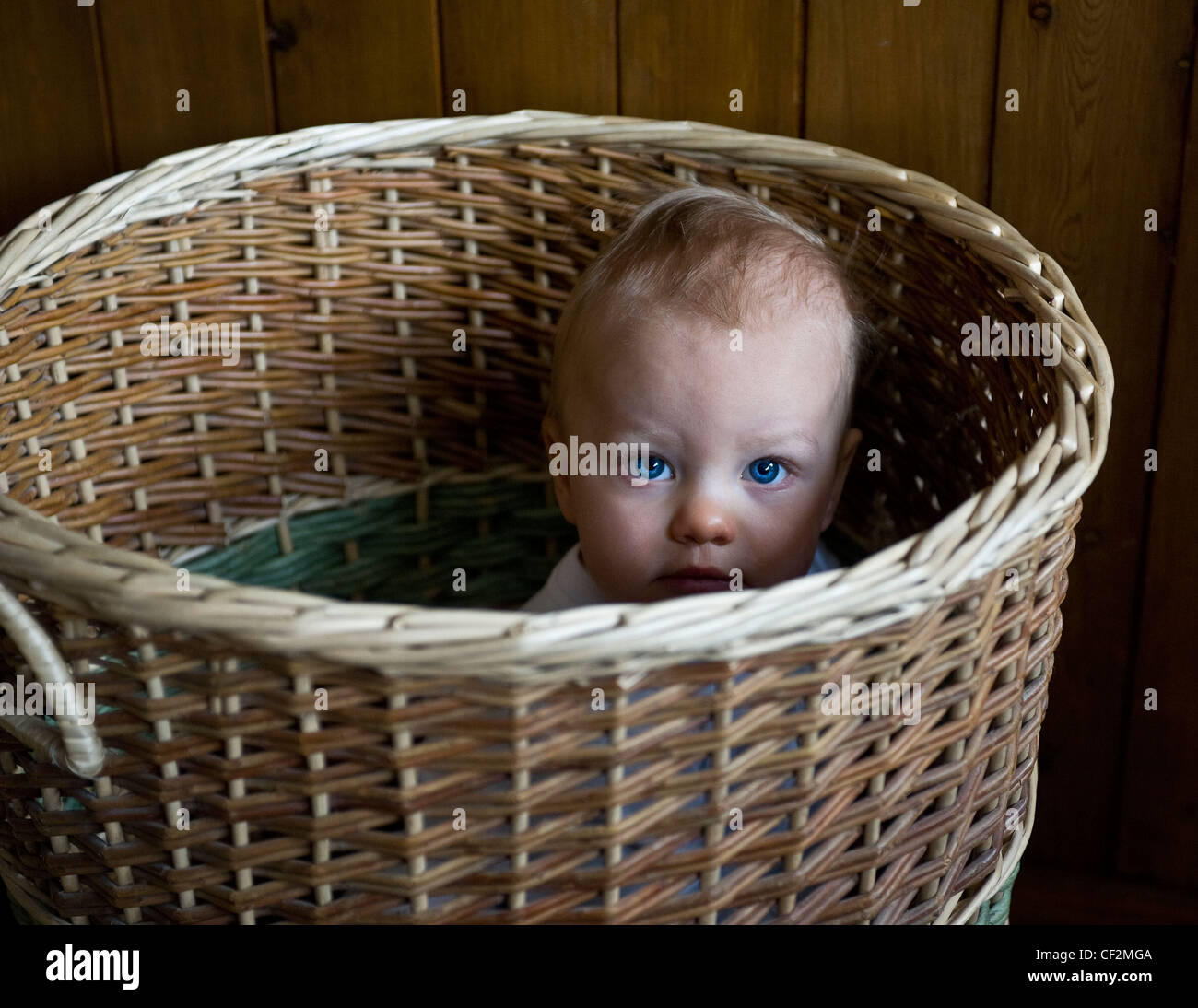 Un petit garçon assis dans un panier à linge en osier. Banque D'Images