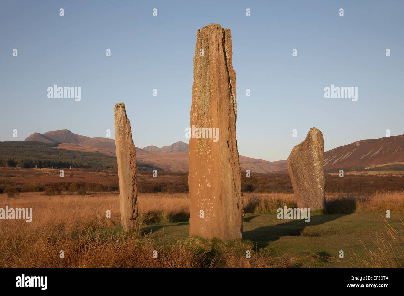 Menhirs datant de 1800-1600 BC au Machrie Moor sur l'île d'Arran. Banque D'Images