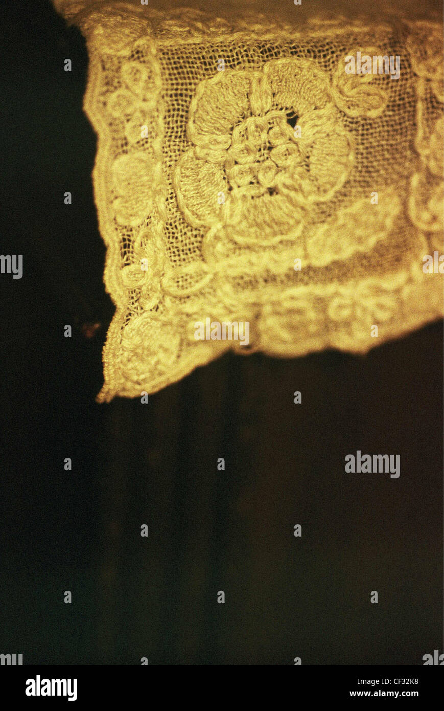 Close up detail de tissu en dentelle brodé dans des tons chauds de jaune et d'or avec une fleur de couleur sur fond noir Banque D'Images