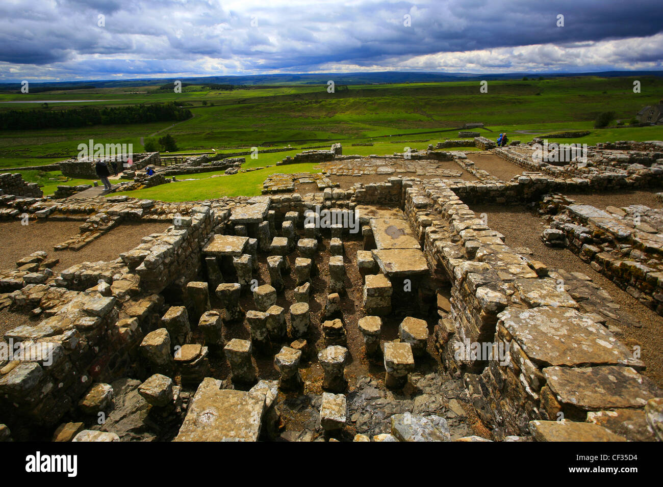 Les vestiges de la maison du commandant (prétoire) au Fort romain de Housesteads, fort romain le plus complet en Grande-Bretagne sur Adrien Banque D'Images