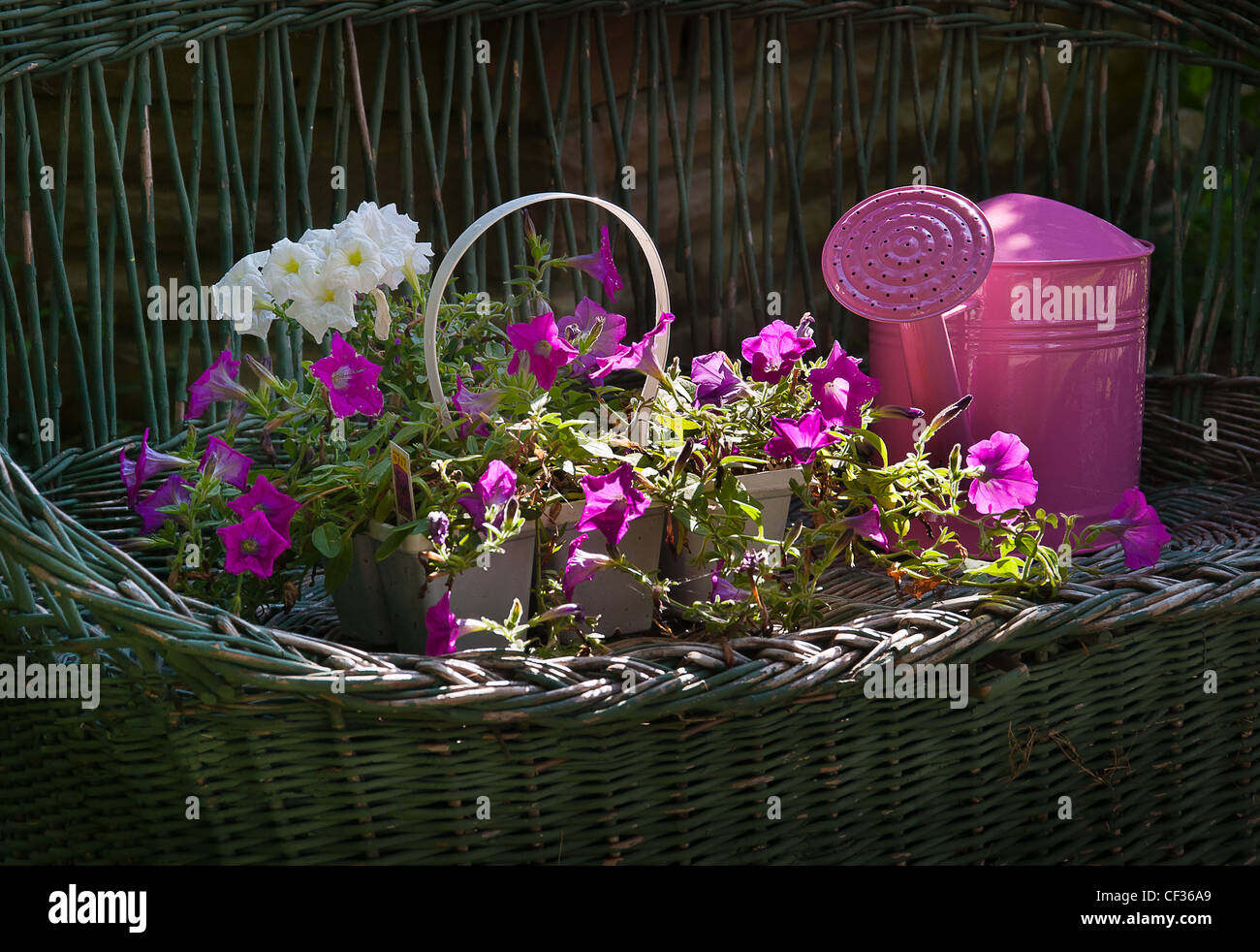 Décor fleuri dans la cour du Michigan d'outils de jardin Banque D'Images