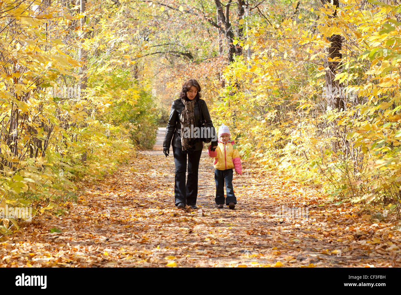 Mère et fille à pied à pied sur le parc en automne Banque D'Images