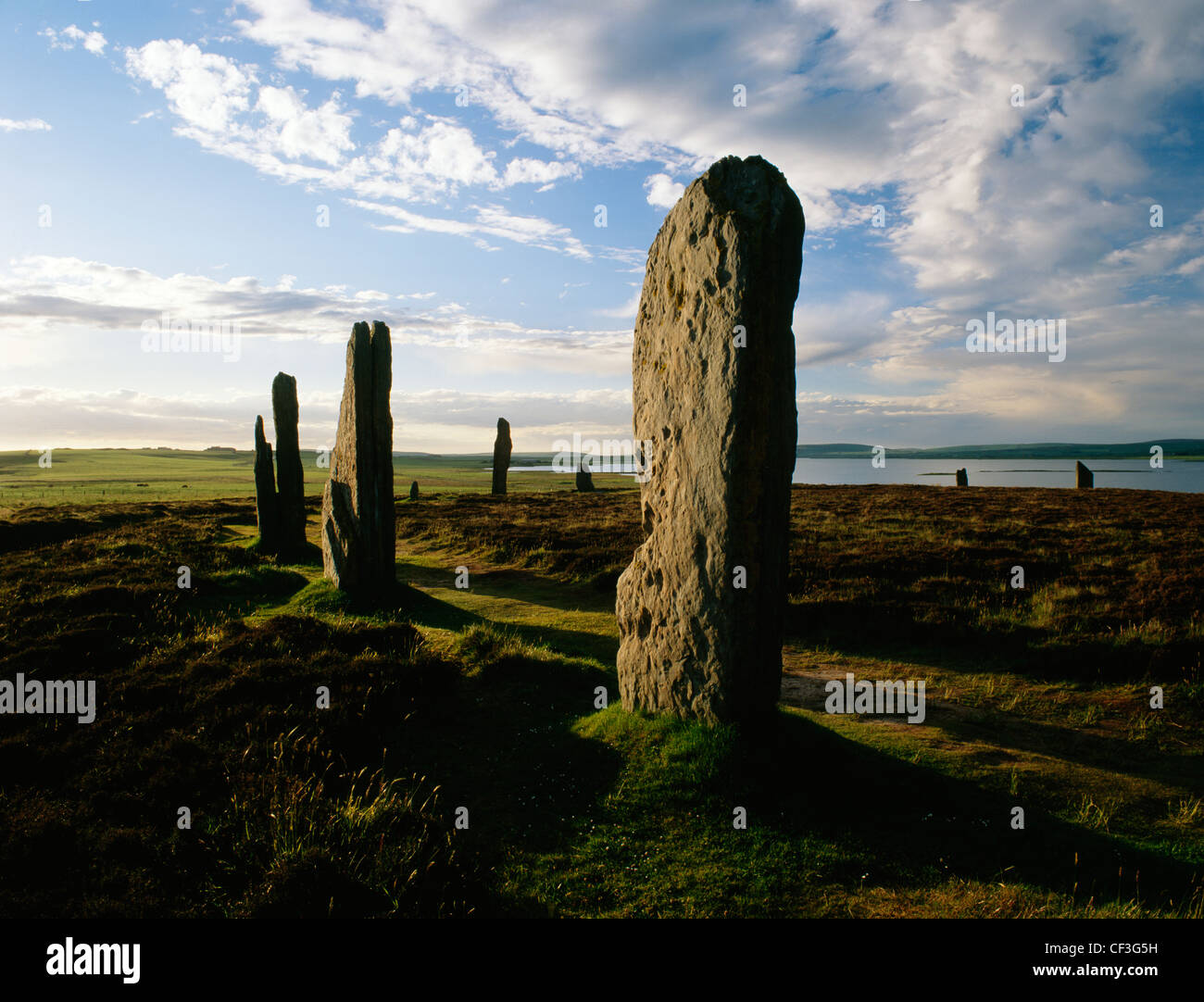 Anneau du cercle de pierres de Shetlands et henge à vers le Loch d'Harray. Banque D'Images