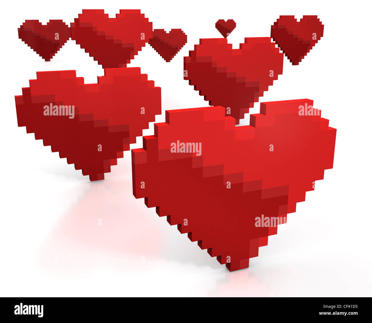 Peu de cœurs rouges faits de pixels cubique isolé sur fond blanc Banque D'Images
