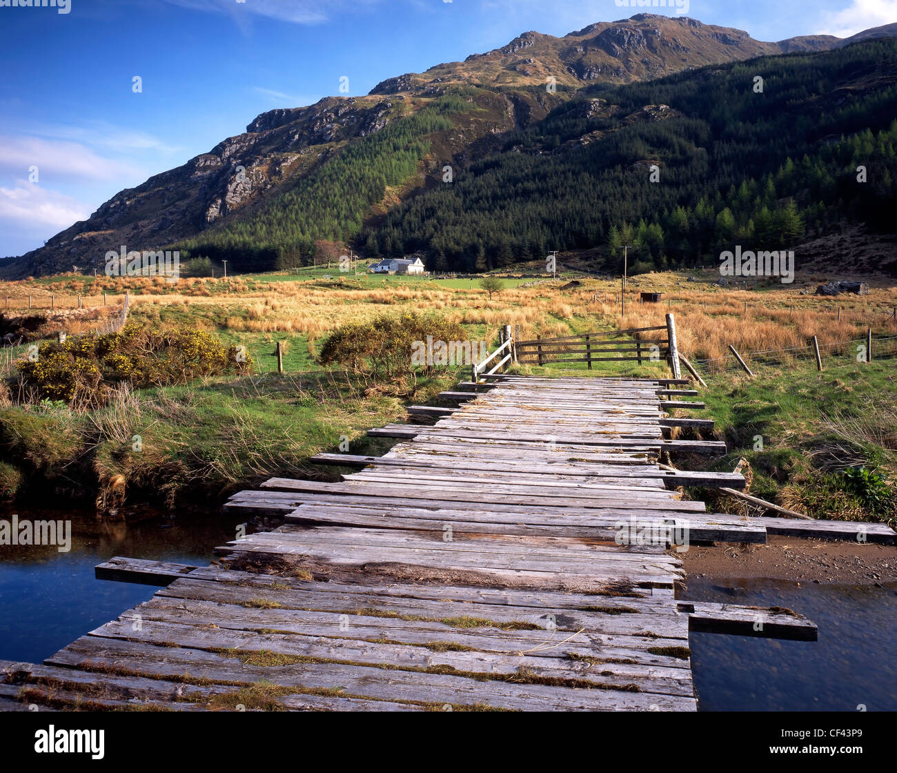Un pont en bois enjambe la rivière Sheep Massan au coeur de la Glen Massan. Banque D'Images