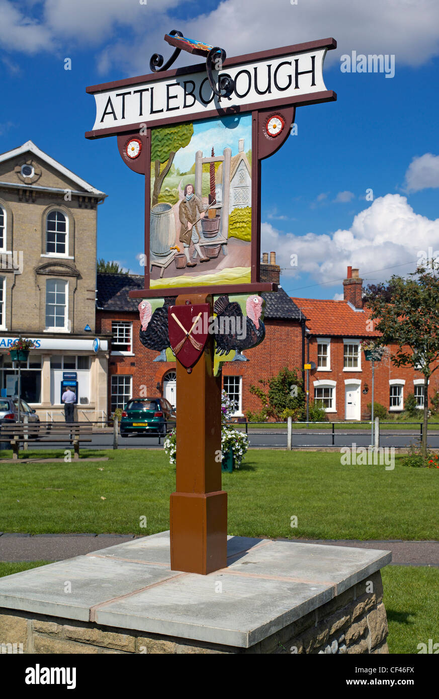 Une vue détaillée d'Attleborough panneau du village à Norfolk. Banque D'Images